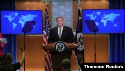 El secretario de Estado, Mike Pompeo, durante su conferencia de prensa el 8 de julio de 2020 en el Departamento de Estado.