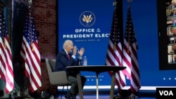 جو بایدن، رئیس جمهور منتخب ایالات متحده، در حال صحبت در یک جلسه در ولمینگتون در ایالت دِلِور. ۲۳ نوامبر ۲۰۲۰