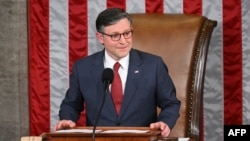 U.S. House Speaker Mike Johnson, a Republican from Louisiana, speaks after he won the vote for speaker of the House, during the first day of the 119th Congress in the House chamber at the Capitol in Washington, Jan. 3, 2025.