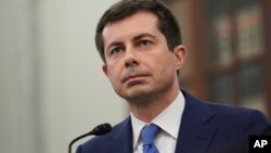 Transportation Secretary nominee Pete Buttigieg speaks during a Senate Commerce, Science and Transportation Committee confirmation hearing on Capitol Hill in Washington, D.D., Jan. 21,2021.