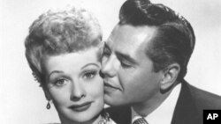 Comedian-actress Lucille Ball and her husband, musician-actor Desi Arnaz from the comedy series, "I Love Lucy"