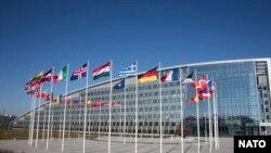 Флаги стран-членов НАТО у здания штаб-квартиры альянса в Брюсселе (архивное фото) 