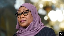 FILE - Tanzania's President Samia Suluhu Hassan is shown on April 15, 2022, in Washington. She said about 100 houses in the village of Katesh, Hanang district, were swallowed by a landslide.