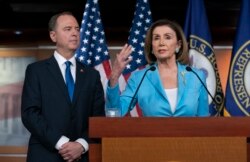 FILE - Speaker of the House Nancy Pelosi is joined by House Intelligence Committee Chairman Adam Schiff at a news conference at the Capitol, in Washington, Oct. 2, 2019.