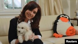Argentine President Cristina Fernandez poses with her dog at the Olivos Presidential residence in Buenos Aires in this Nov. 18, 2013 handout supplied by the Argentine Presidency.