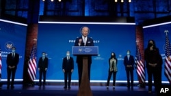 President-elect Joe Biden and Vice President-elect Kamala Harris introduce their nominees and appointees to key national security and foreign policy posts at The Queen Theater, in Wilmington, Delaware, Nov. 24, 2020. 