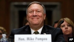 Mike Pompeo lors d'une audience de confirmation de sa nomination au poste de secrétaire d'État, le 12 avril 2018 au Capitol.