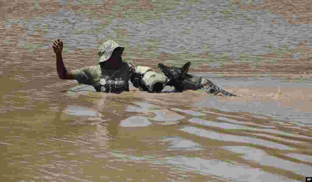 Un exercice de simulation montrant un chein dressé appréhendant un&nbsp; &quot;braconnier de rhino&quot;, au centre, après la descente d&#39;un hélicoptère dans l&#39;eau, dans une académie dirigée par le Groupe Paramount, près de Rustenburg, Afrique du Sud, 26 novembre 2014.