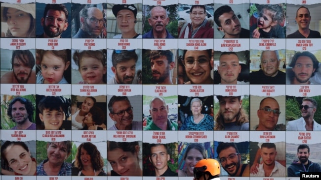Posters in support of hostages kidnapped during the October 7 attack