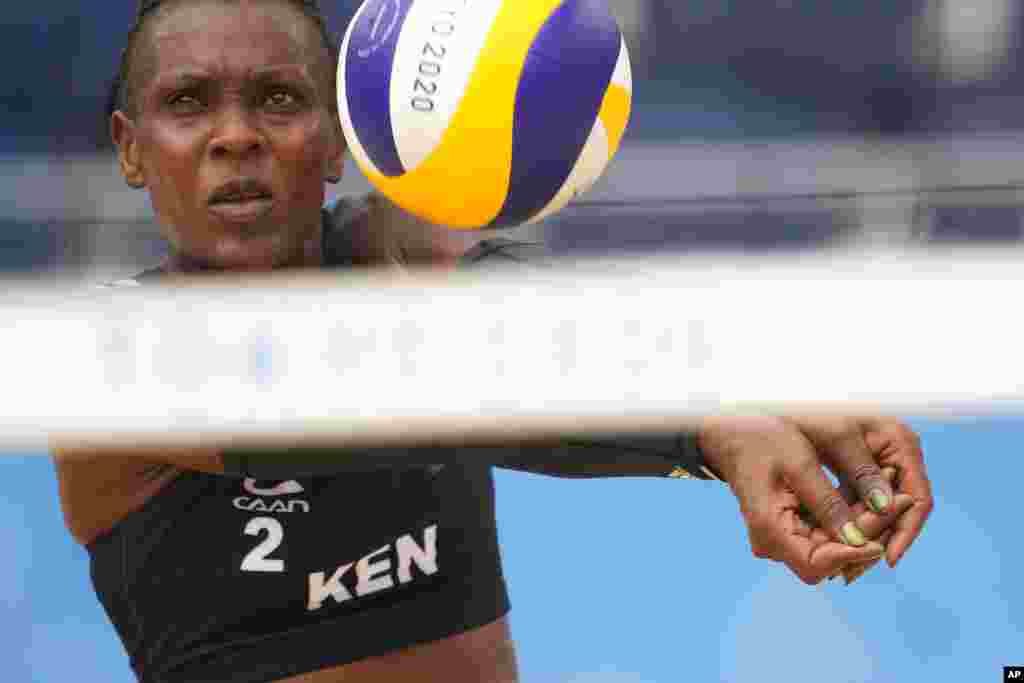 Barackcides, Khadambi, of Kenya, competes during a women&#39;s beach volleyball match against Latvia at the 2020 Summer Olympics, Saturday, July 31, 2021, in Tokyo, Japan. (AP Photo/Petros Giannakouris)