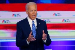 FILE - Democratic presidential candidate former vice president Joe Biden, speaks during the Democratic primary debate hosted by NBC News at the Adrienne Arsht Center for the Performing Arts in Miami, June 27, 2019.