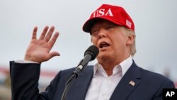 FILE - In this Dec. 17, 2016 photo, U.S. President-elect Donald Trump speaks during a rally at Ladd-Peebles Stadium in Mobile, Ala.