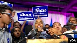 Ilhan Omar addresses supporters after her historic primary election victory to represent Minnesota's 5th District in the U.S. Congress in Minneapolis, Aug. 14, 2018.