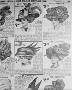 Women's hats are pictured in a 1907 Sears Roebuck catalog from the shelves of the Chicago Public Library, Aug. 26, 1948.