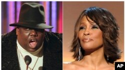 This combination photo shows Notorious B.I.G., who won rap artist and rap single of the year, during the annual Billboard Music Awards on Dec. 6, 1995, left, and singer Whitney Houston at the BET Honors on Jan. 17, 2009.