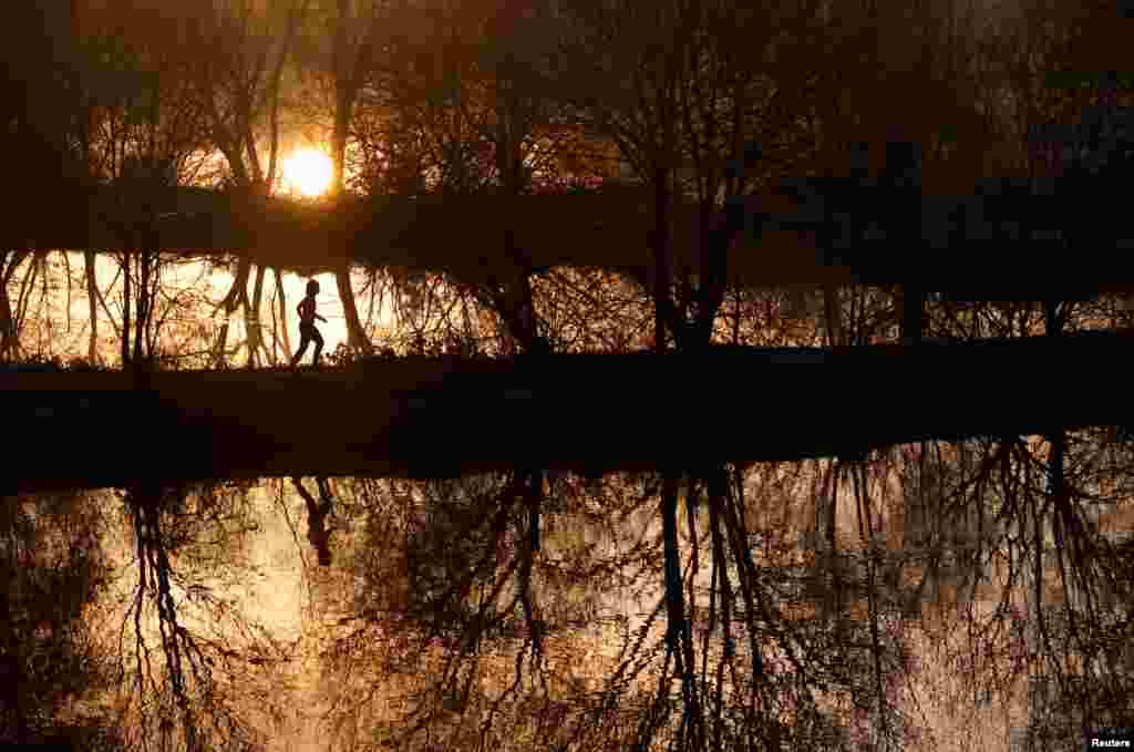 A woman runs by trees in a park at sunrise in Vertou, near Nantes, France.