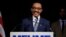 Democrat Kweisi Mfume reacts while speaking to reporters during an election night news conference after he won the 7th Congressional District special election, April 28, 2020, in Baltimore.