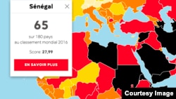 Capture d'écran du site de Reporters sans frontière qui a publié la semaine dernière son classement des libertés de la presse dans le monde. 