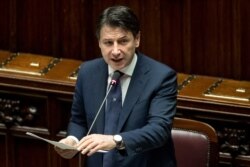 Italian Premier Giuseppe Conte delivers his message to the Lower House of Chambers of the Italian Parliament, in Rome, April 21, 2020.