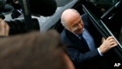 Suspended FIFA President Sepp Blatter arrives for a news conference in Zurich, Switzerland, Monday, Dec. 21, 2015.