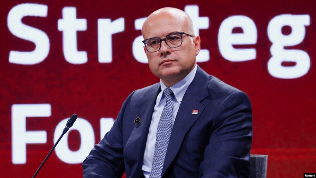 FILE - Serbian Prime Minister Milos Vucevic takes part in a leaders' panel during the 2024 edition of the Bled Strategic Forum in Slovenia, Sept. 2, 2024. He announced his resignation on Tuesday.