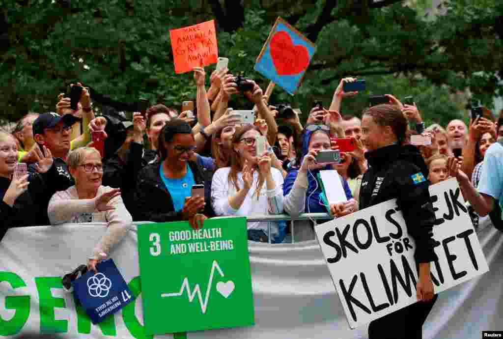 Sixteen-year-old Swedish activist Greta Thunberg arrives in New Yok to attend United Nations summit on climate change after completing her trans-Atlantic, Aug. 28, 2019.