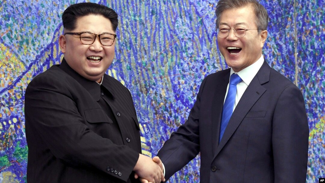FILE - North Korean leader Kim Jong Un, left, and South Korean President Moon Jae-in inside the Peace House at the border village of Panmunjom in Demilitarized Zone, South Korea, April 27, 2018.