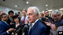 Sen. Bob Corker, R-Tenn., speaks to reporters at the Capitol in Washington, Dec. 4, 2018. 