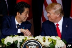 지난 2019년 9월 도널드 트럼프 미국 대통령(오른쪽)과 아베 신조 일본 총리가 뉴욕에서 회담했다.