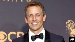 FILE - Seth Meyers arrives at the 69th Primetime Emmy Awards in Los Angeles, Sept. 17, 2017. 