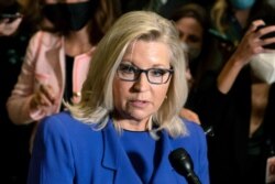Rep. Liz Cheney, R-Wyo., speaks to reporters after House Republicans voted to oust her from her leadership post as chair of the House Republican Conference, May 12, 2021.