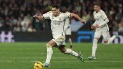 FILE — Real Madrid's winger Brahim Diaz runs with the ball during a Laliga match against Villarreal CF at the Santiago Bernabeu stadium in Madrid on December 17, 2023.