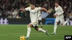 FILE — Real Madrid's winger Brahim Diaz runs with the ball during a Laliga match against Villarreal CF at the Santiago Bernabeu stadium in Madrid on December 17, 2023.