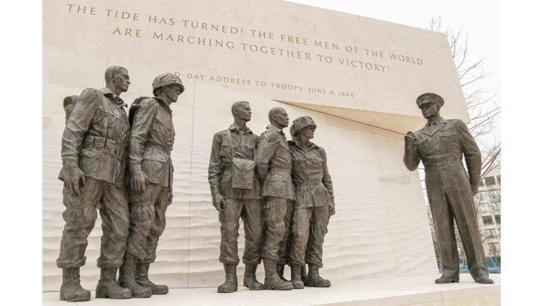 A group of statues at the memorial recreates the photo of Gen. Dwight D. Eisenhower speaking with paratroopers before they go to battle. (Courtesy - Eisenhower Memorial Commission)