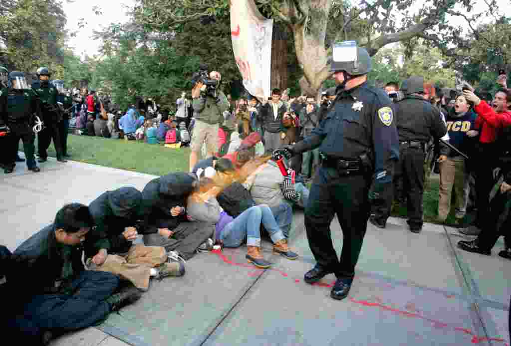 Seorang polisi kampus Universitas od California Davis berupaya membubarkan mahasiswa yang berdemo ' Occupy UCD' di areal kampus Davis, California, 18 November 2011 (Reuters)
