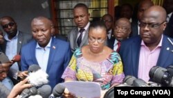 Vital Kamerhe de l’UNC, Eve Bazaiba du MLC et Felix Tshiseki de l’UDPS à Kinshasa, le 15 mars 2018. (VOA/Top Congo FM)