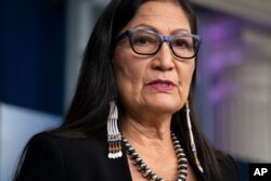 FILE - In this April 23, 2021, file photo, Interior Secretary Deb Haaland speaks during a news briefing at the White House in Washington.