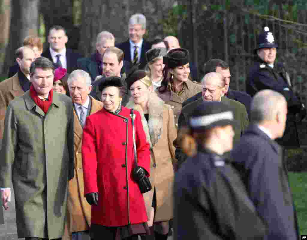 Members of the British royal family including Prince William The Duke of Cambridge, Kate Middleton Catherine The Duchess of Cambridge, Prince Harry, Charles Prince of Wales, The Duke of Edinburgh and Princess Anne attend the Christmas Day church service on the royal estate of Sandringham.