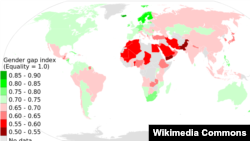 A World Economic Forum map shows pay inequity between women and men around the world. 