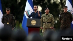 El Salvador’s President Nayib Bukele speaks at a deployment ceremony for the fifth phase of the Territorial Control plan in San Juan Opico, El Salvador, Nov. 23, 2022. 