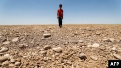 En esta foto de archivo, un niño camina por un campo agrícola seco en el área de Saadiya, al norte de Diyala, en el este de Irak, el 24 de junio de 2021.