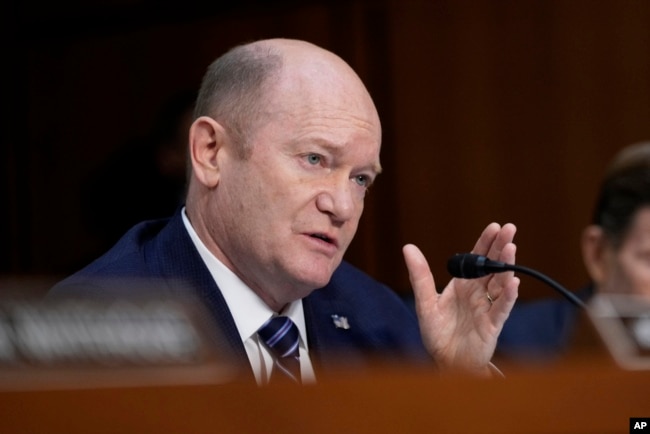 Senator Chris Coons, a Democrat, speaks during a hearing on Capitol Hill in Washington, Jan. 30, 2025.