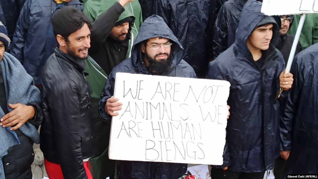 Refugees and migrants protesting in camp Lipa during winter time - January 3rd 2021