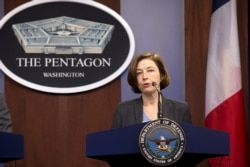 French Minister of Armed Forces Florence Parly speaks during a news conference at the Pentagon, Jan. 27, 2020.