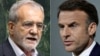 This combination of file photos shows Iran's President Masoud Pezeshkian, left, speaking in parliament in Tehran on July 30, 2024, and France's President Emmanuel Macron during a press conference in Paris on June 12, 2024.