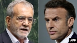 This combination of file photos shows Iran's President Masoud Pezeshkian, left, speaking in parliament in Tehran on July 30, 2024, and France's President Emmanuel Macron during a press conference in Paris on June 12, 2024.