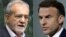 This combination of file photos shows Iran's President Masoud Pezeshkian, left, speaking in parliament in Tehran on July 30, 2024, and France's President Emmanuel Macron during a press conference in Paris on June 12, 2024.