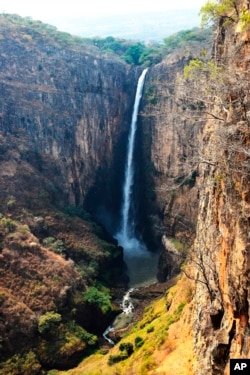 This photo provided by researchers shows Kalambo Falls in Zambia in 2019. (Geoff Duller/Aberystwyth University via AP)