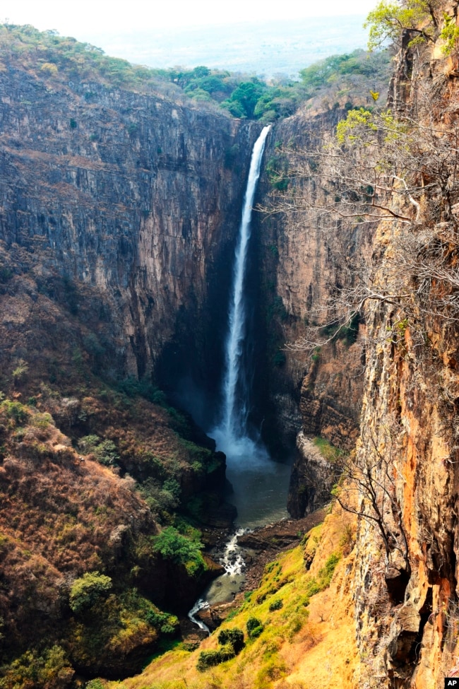 This photo provided by researchers shows Kalambo Falls in Zambia in 2019. (Geoff Duller/Aberystwyth University via AP)