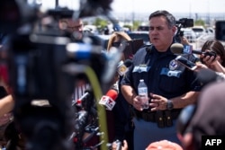 Sgt. Robert Gomez of the El Paso, Texas, police briefs reporters on a shooting that occurred at a Walmart near Cielo Vista Mall in El Paso, Aug. 3, 2019.